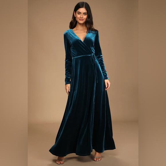 Lulus Jacinda Teal Blue Velvet Wrap Maxi Dress - Picture 1 of 8